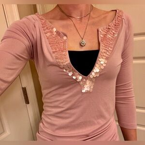 Y2K Vtg Kenzie Blush Pink Sequin V Neck Blouse Tee M